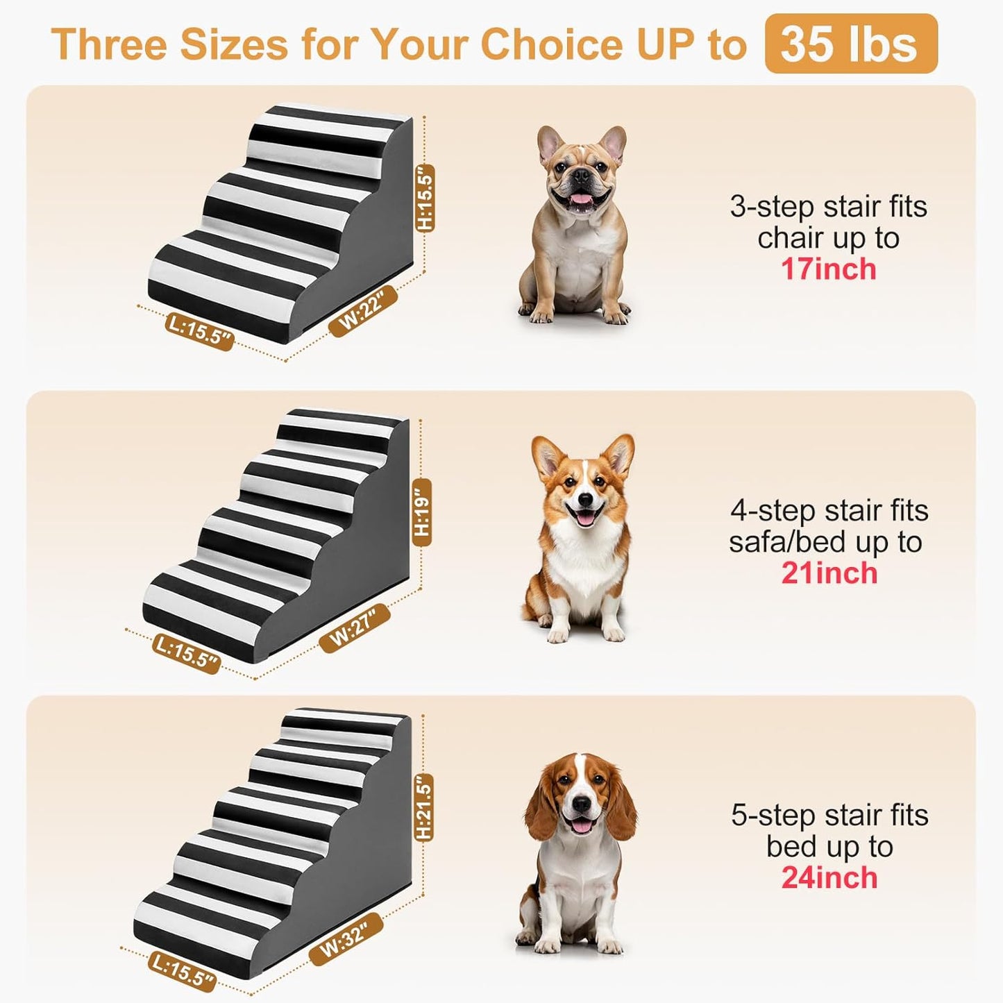 JOEJOY Curved Dog Stairs Ramp for Small Dogs 15.5" H, 3-Step Dog Stairs for High Beds and Couch, Pet Steps for Small Dogs and Cats, Non-Slip Balanced Pet Step Indoor