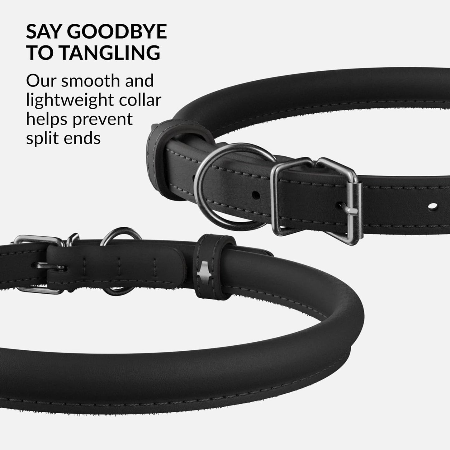 CollarDirect Rolled Leather Dog Collar, Soft Padded Round Puppy Collar, Handmade Genuine Leather Collar Dog Small Large Cat Collars 13 Colors (6 Inch, Black Smooth)