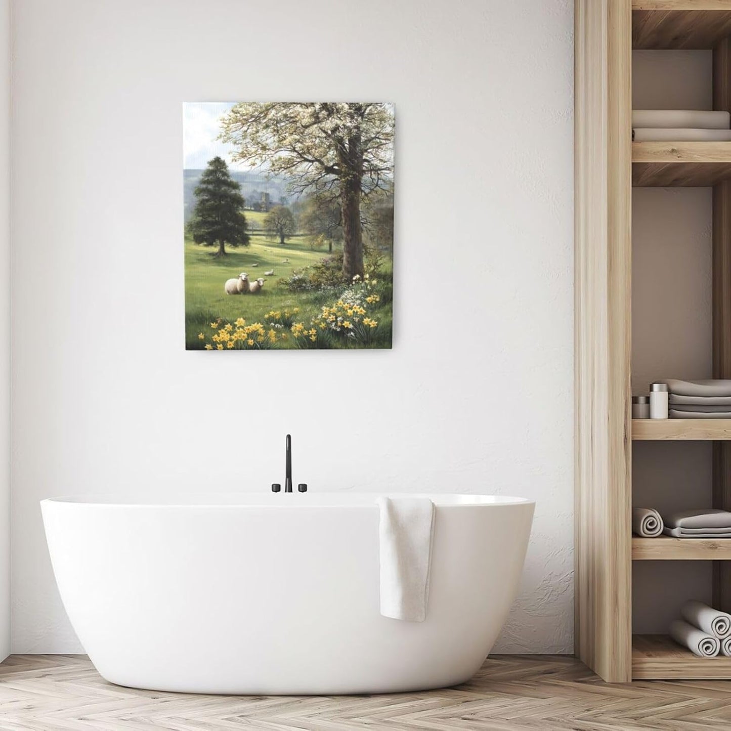 Country Sheep Canvas Wall Decor Farmhouse Rustic Lamb Wildflower Wall Art Nature Countryside Landscape Pictures Painting Print Framed Artwork Decorations for Bathroom Living Room Bedroom 24"x20"