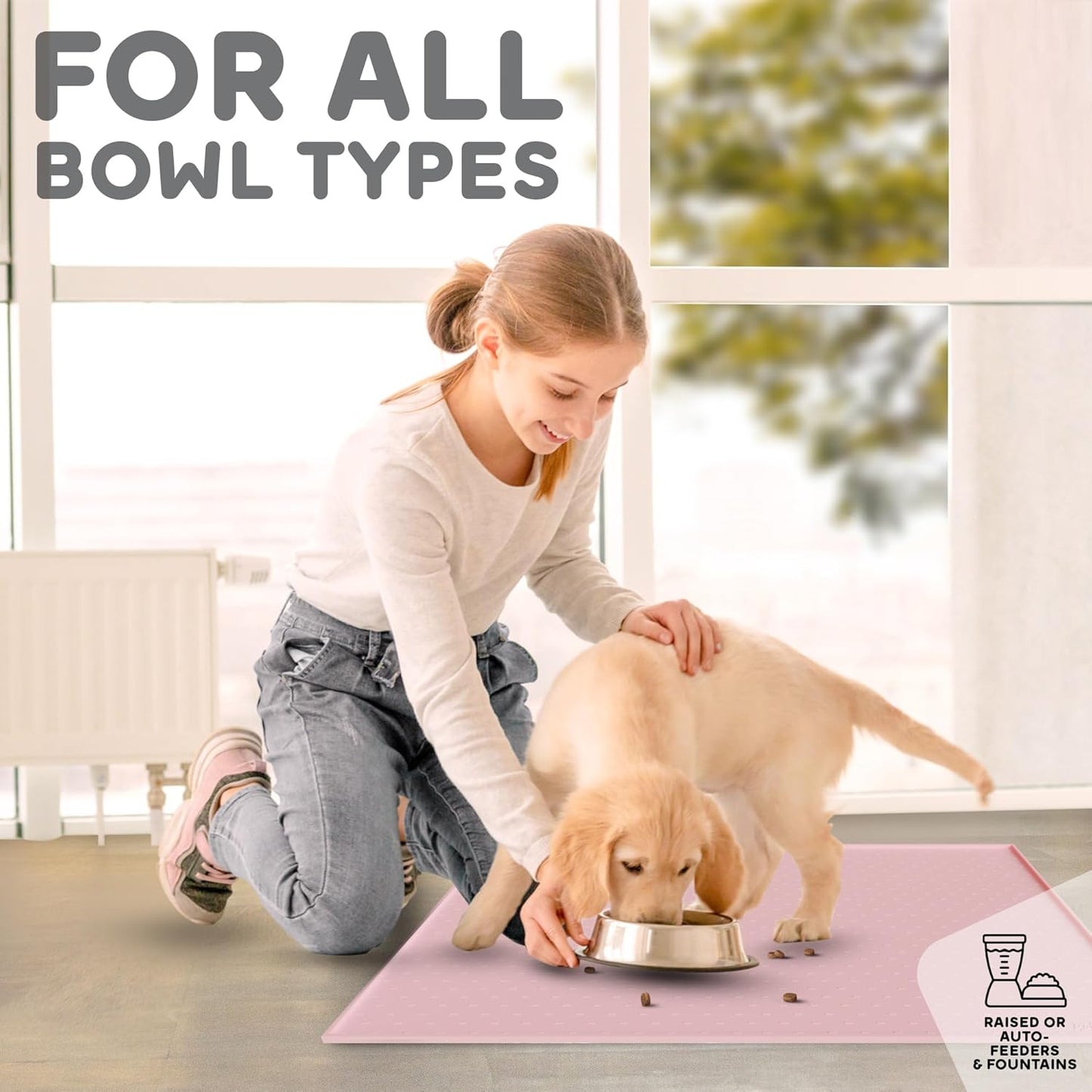 Dog Food Mat - 24x15 Raised Edges Dogs Mat for Food and Water Prevent Spill, Waterproof Cat Food Mats Protect Floors, Easy Clean Dog Bowl Mats for Food and Water, Silicone Pet Feeding Placemats Pink