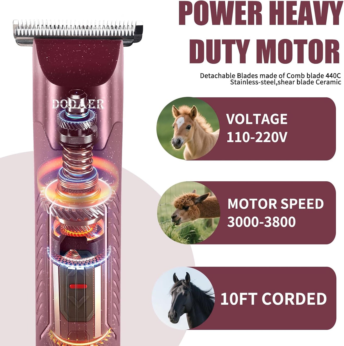 Professional Grooming Electric Corded 2-Speed Horse Clipper with Detachable Blade - Cool & Quiet Running Design - Includes Size T84 Blade for Complete Horse Grooming - Burgundy