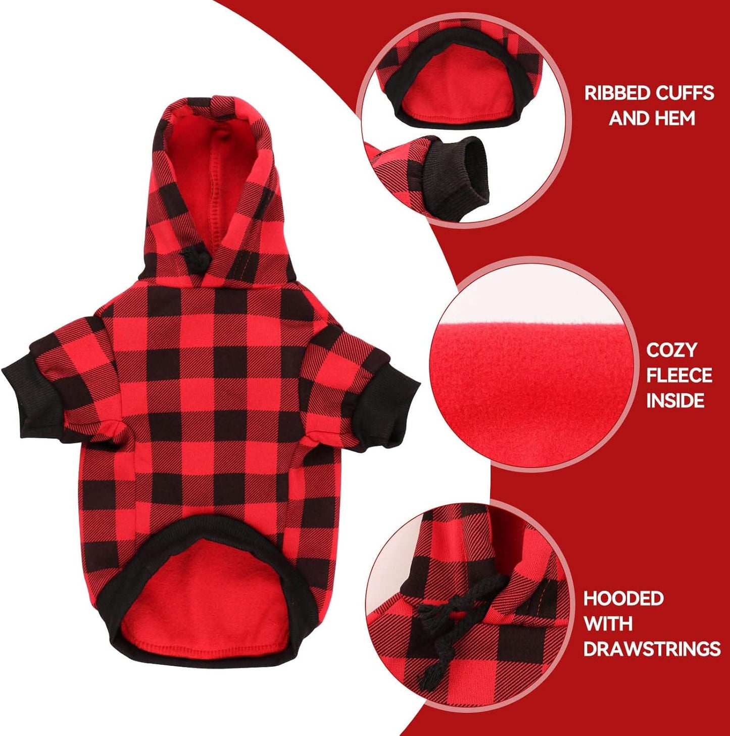 Dog Sweater Red Buffalo Plaid Pet Clothes Warm and Soft Breathable Cozy Small Pet Hoodies Dog Sweaters for Small Dogs with Pocket(S)