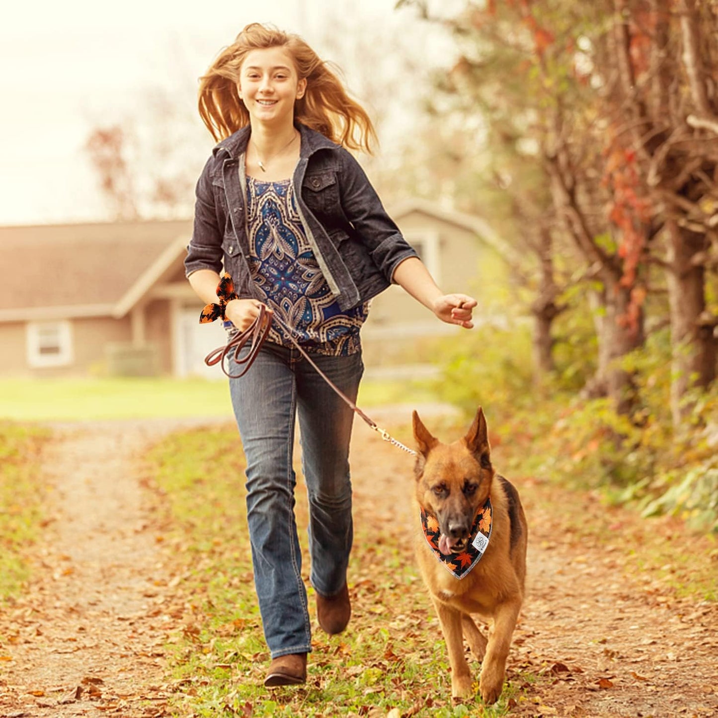 E-Clover Fall Dog Bandana & Scrunchie Set - Thanksgiving Pet Scarf Kerchief Bibs for Medium Large Dogs - Maple Leaves