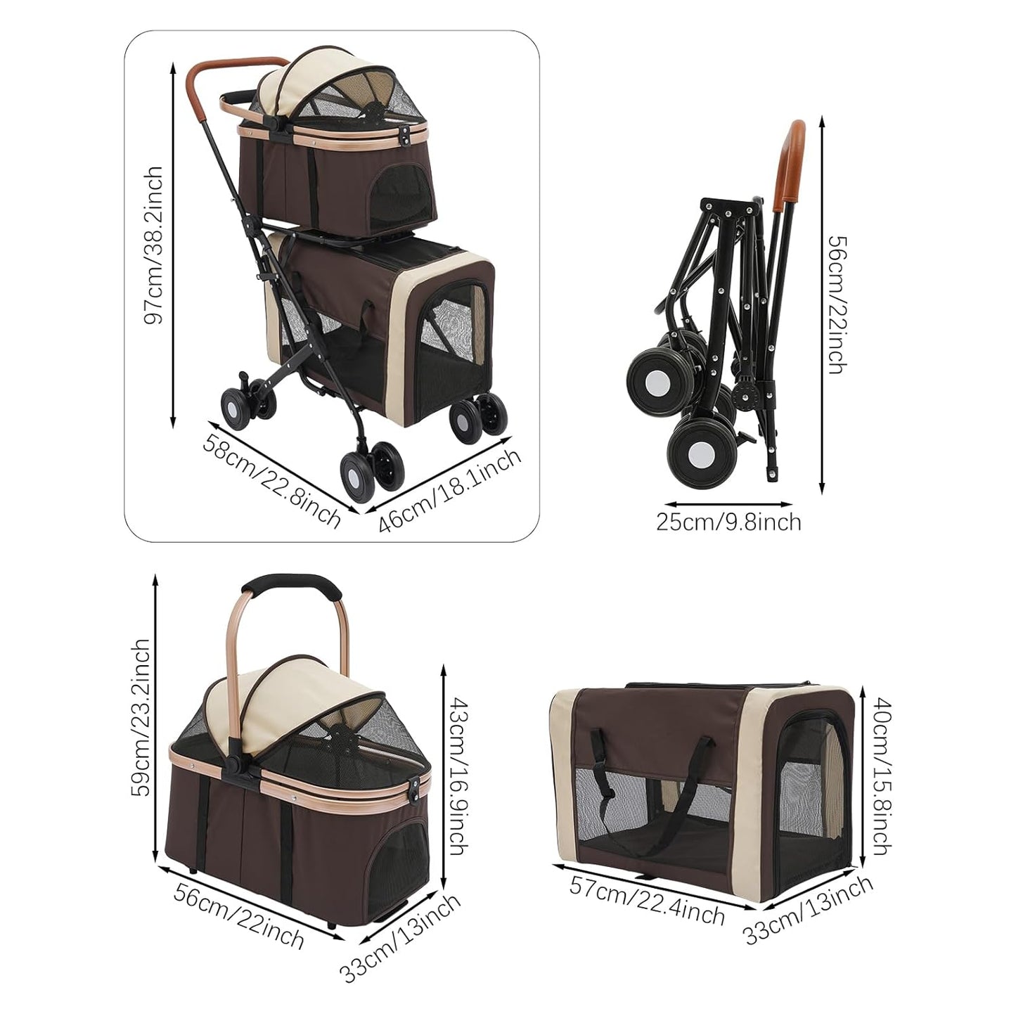 Foldable Pet Stroller for Small & Medium Dogs, Double Dog & Cat Stroller with 3-in-1 Travel System, Detachable Pet Carrier with Wheels for Cats and Dogs up to 77 lbs, Coffee Color