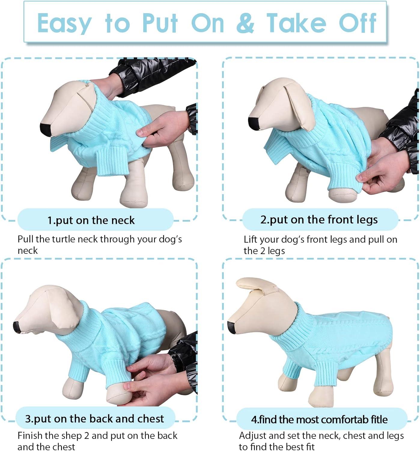 Queenmore Small Dog Pullover Sweater, Cold Weather Cable Knitwear, Classic Turtleneck Thick Warm Clothes for Chihuahua, Bulldog, Dachshund, Pug (Sky Blue, Medium)
