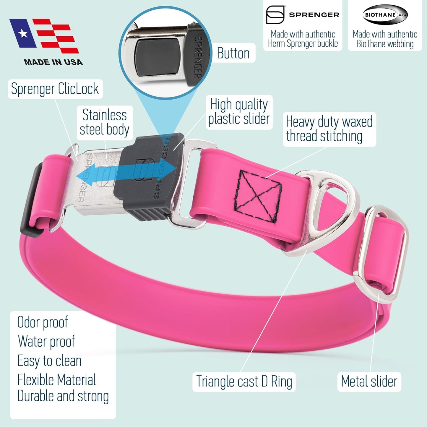Dogline Biothane Waterproof Dog Collar with Herm Sprenger Stainless Steel Quick Release Buckle – Heavy Duty Tactical Durable Collar for Dogs – Comfortable and Safe Pet Collar, W 3/4" L 12-19", Pink