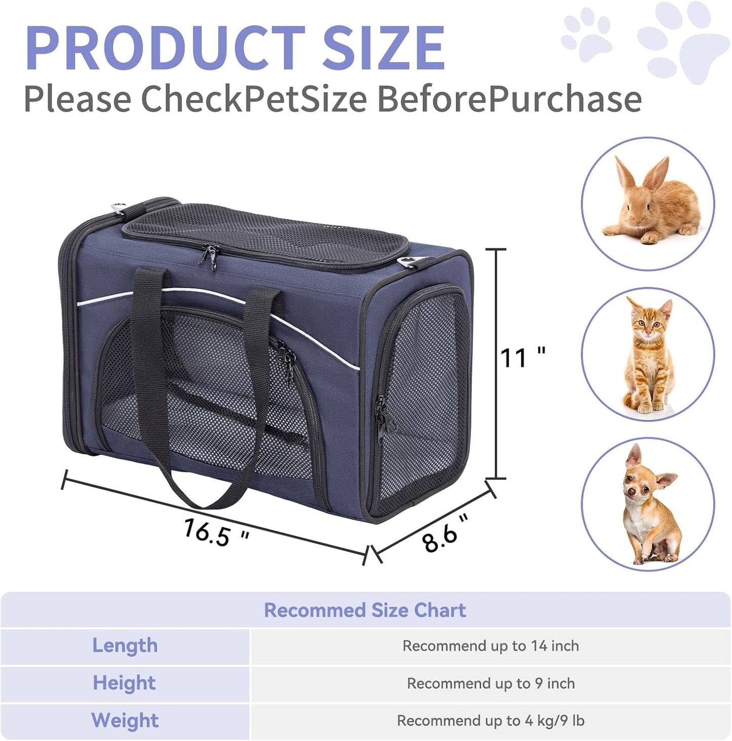 ‌Petsfit Airline Approved Pet Carrier for Small Cats, 16.5x8.6x11 TSA Approved Carrier, with Removable Dual-Sided Padding (2-Way Placement) - Fits Under Most Airplane Seats, Escape Proof (Navy)