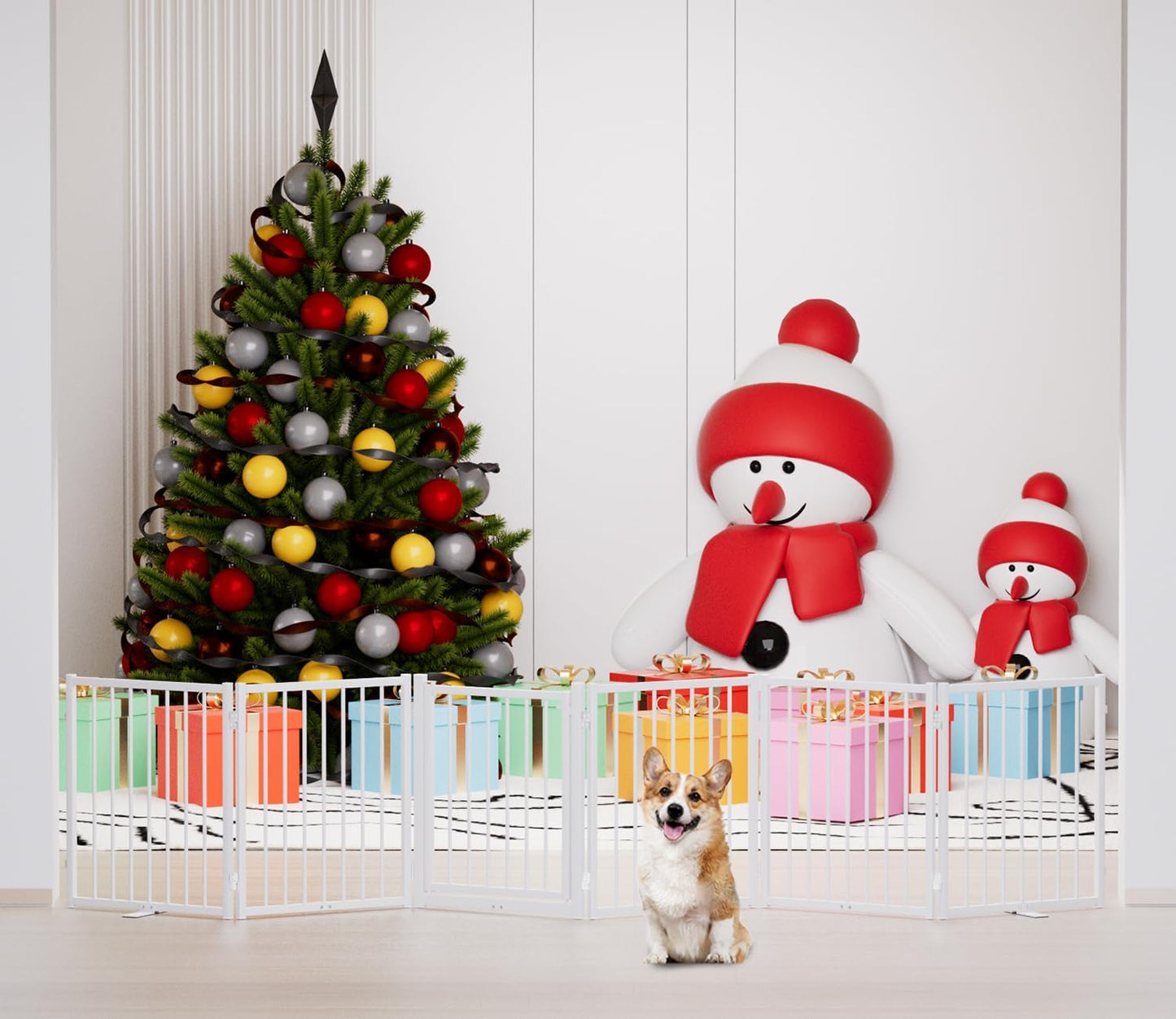 Full Metal Freestanding Dog Gate with Door, 24'' Height Foldable Pet Dog Fence for Indoor & Outdoor, 6 Panels Extra Wide Free Standing SmallDog Gates for Doorways,House,Stairs,Porch,Deck,Yard