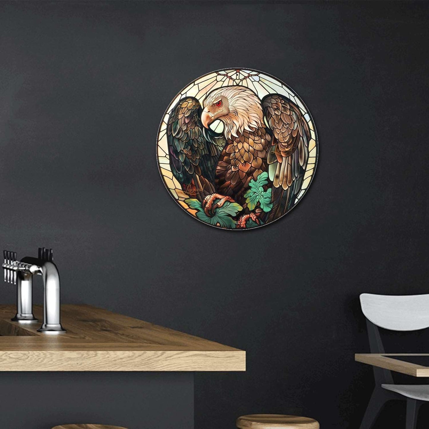 Lygond Metal Sign Tin Sign Circular Stained Glass Vulture Funny Bathroom Decor for Gift 12×12 Inches