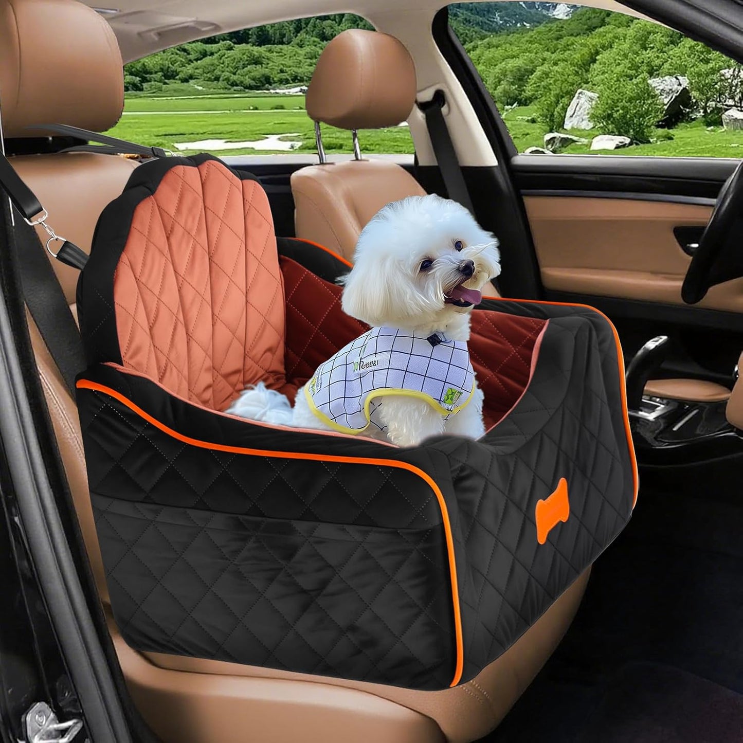 Dog Car Seat for Small Dogs Under 30lbs, Detachable Washable Pet Booster Seat with Safety Belt & Storage Pockets, Travel Car Bed, Black/Brown