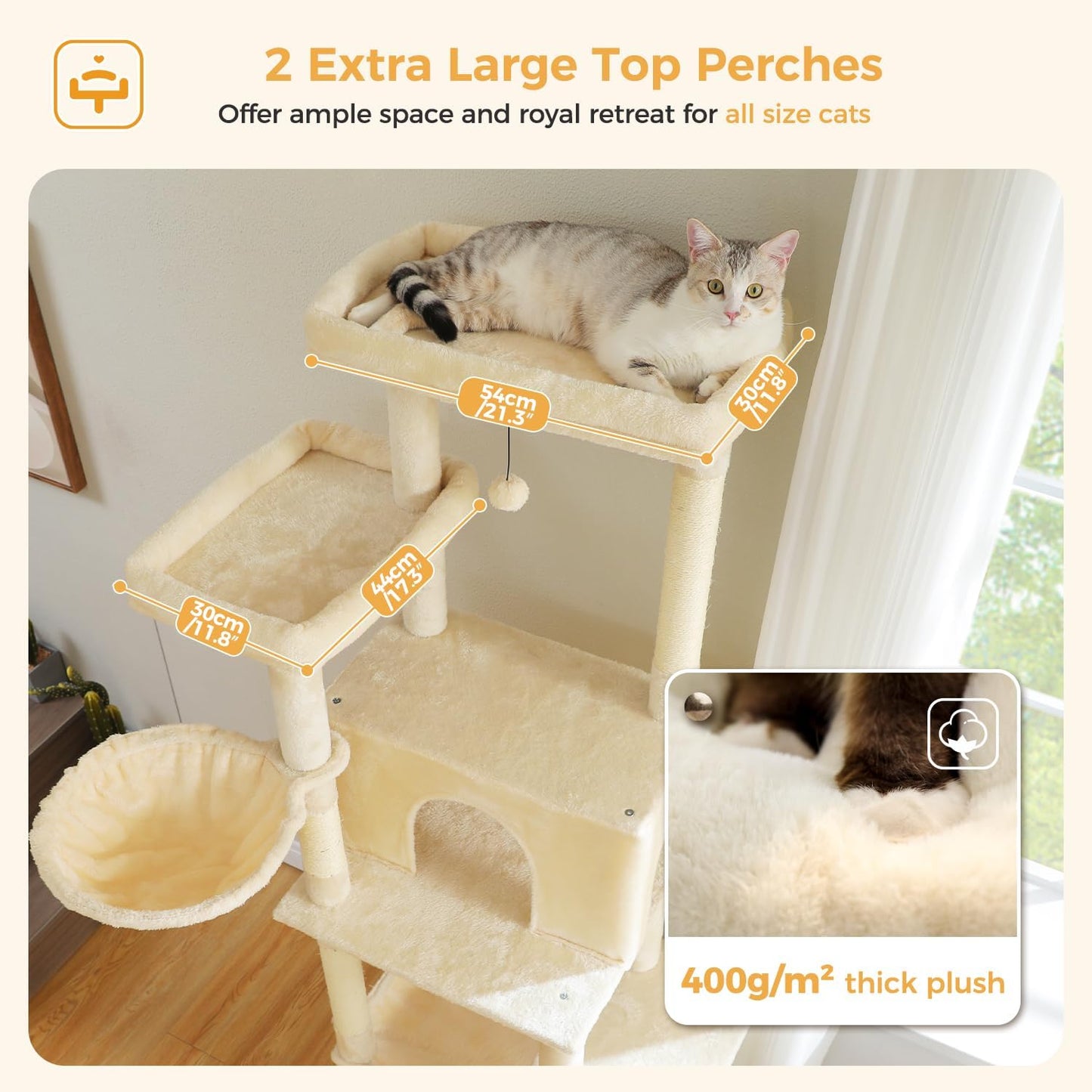 PAWZ Road Large Cat Tree, 73 Inches Tall Cat Tower with 1 Large Padded Perch,2 Spacious Hammocks,8 Long Scratching Posts, XL Plush Cat Condo for Indoor Adult Cats,Beige
