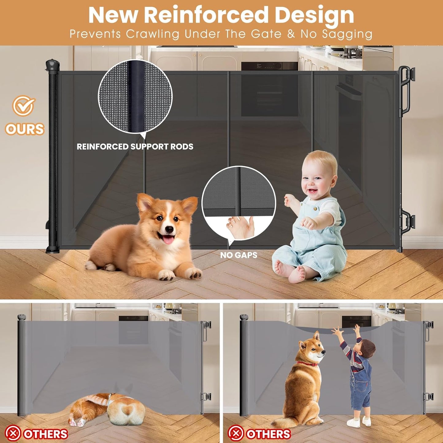 Reinforced Retractable Baby Gate or Mesh Dog Gate,Easy to Use for Stairs, Doorways, Hallways, Indoor, Outdoor, Wide Pet Gate 33.5" Tall, Extends to 55" Wide,Black