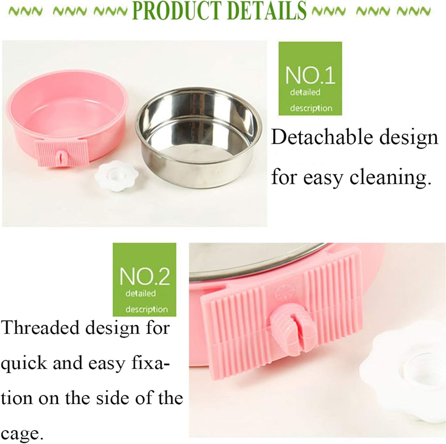 kathson Crate Dog Bowl, Removable Stainless Steel Hanging Pet Cage Bowl Food & Water Feeder Coop Cup for Cat, Puppy, Birds, Rats, Guinea Pigs 4pcs(2×Blue,1×Pink,1×Green)