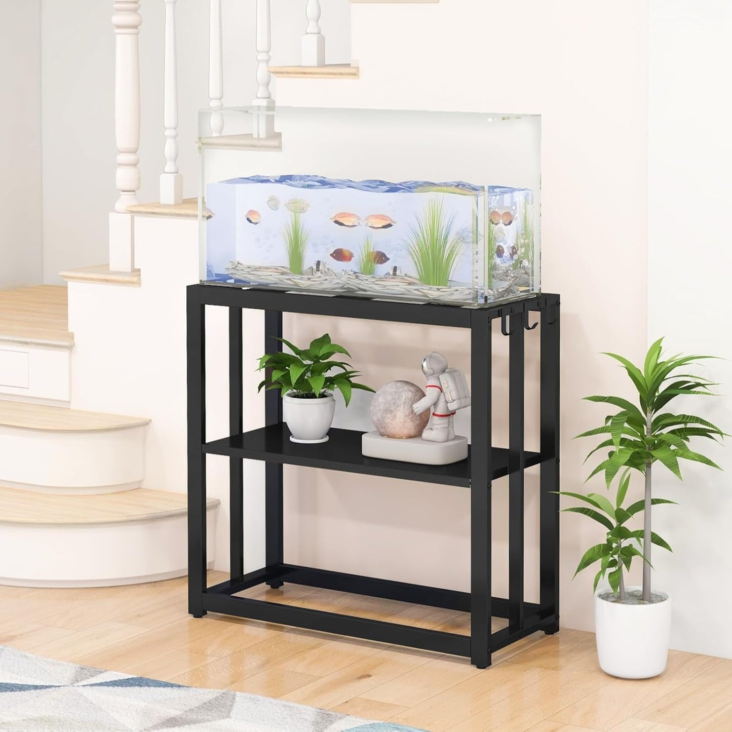 30.7" W x 13" Inch for 20-29 Gallon Long Fish Tank Stand With Storage Shelf, Aquarium Stand With Hooks,Heavy Duty Metal Turtle Reptile Tank Stand, Easy Assemble