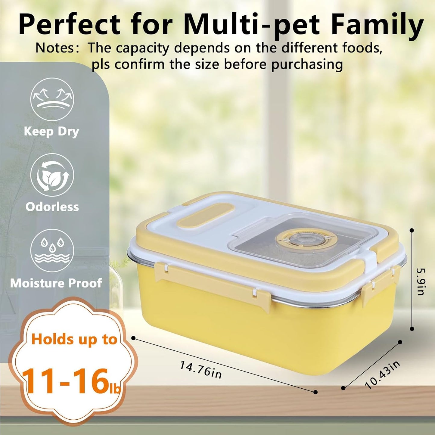 Sanbo Dog Food Storage Container Stainless Steel with Scoop, Airtight Pet Metal Food Storage Bin,Cat Food Canister,Storage Box with Date Tracker for Kitchen (Yellow, 7.5L)