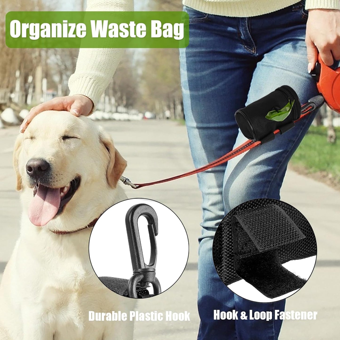 Dog Poop Bag Dispenser for Leash Attachment - Portable Set With Waste Bags & Hand-Free Carrier, Fits Any Leash, Round, Pink