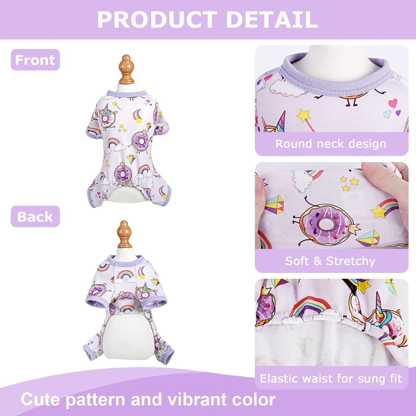 Small Dog Clothes Girl Funny Donut Dog Pajamas Pjs, Summer Lightweight Stretchy Pet Jumpsuit, Fall Dog Onesies Outfits, Purple, XS