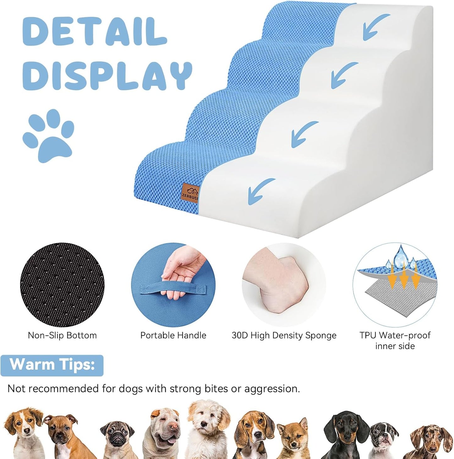 Dog Ramp and Stair for Bed 16" H-20 H,3-Step Cat Stair for Sofa and Chair,4-Step Dog Ramp for High Bed and Window,Durable Nonslip Fabric Cover for Indoor (Blue-20“H, Pet Friendly, 4)