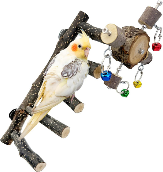 BNOSDM Natural Wood Bird Ladder Perch with Rotating Bell Toys-Exercise Stands for Parrot Climbing Chewing Parakeet Bridge Cage Accessories for Cockatiel, Conures, Lovebirds, Budgie