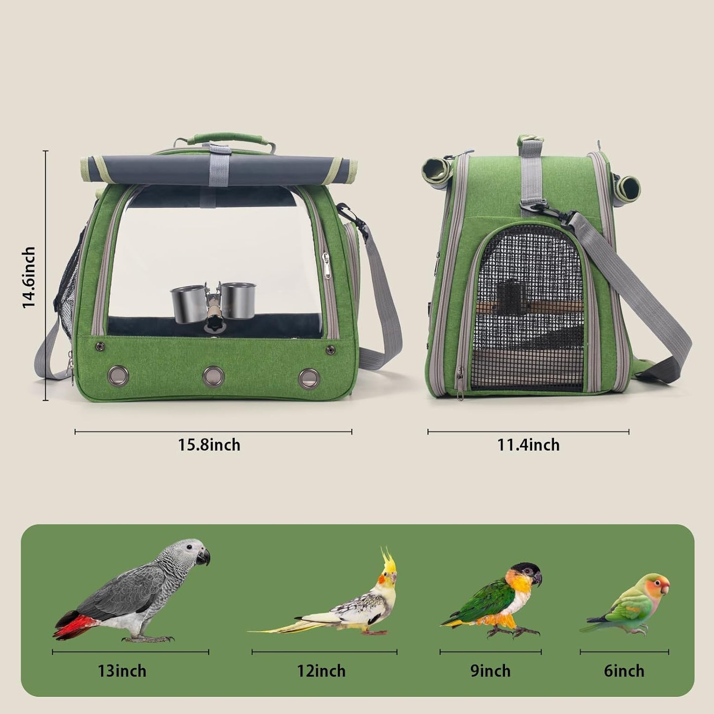 Bird Carrier Parrot Travel Cage with Perch, Food Bowl, Tray and Breathable Clear Window, Bird Travel Bag for African Gray Cockatiel Caique Conure Quaker, for Vetting Camping Hiking (Green)