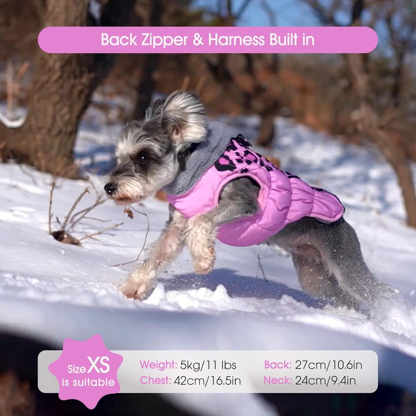 FUAMEY Dog Coat for Small Dogs,Waterproof Dog Winter Jacket with Harness Built in Puppy Cold Weather Coats Reflective Pet Vest with Zipper Warm Fleece Dogs Snowsuit Windproof Pink Leopard S