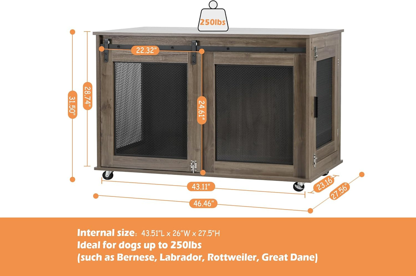 LINLUX 47 Inch XL Dog Crate Furniture, Wooden Heavy Duty Dog Kennel Indoor, Decorative Dog Cage Table for Extra Large Dogs, with Sliding Doors, Wheels and Flip-top Plate
