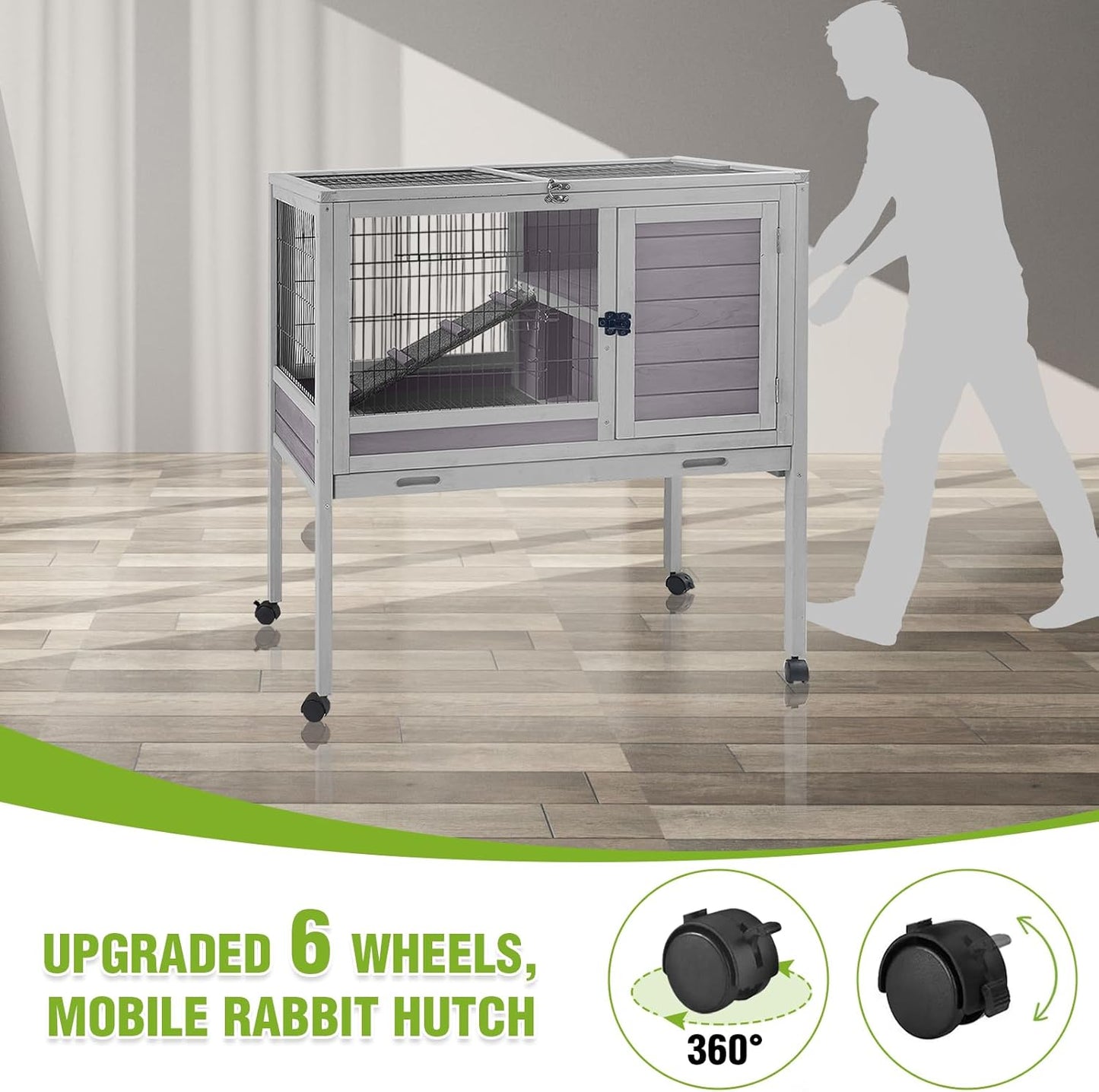 GUTINNEEN Wooden Guinea Pig Cages with Wheels for Indoor & Outdoor, 2-Story Rabbit Cage Bunny Hutch with Wire Mesh & Leakproof Pull-Out Tray for Guinea Pigs, Hamsters, Small Animals (Grey)