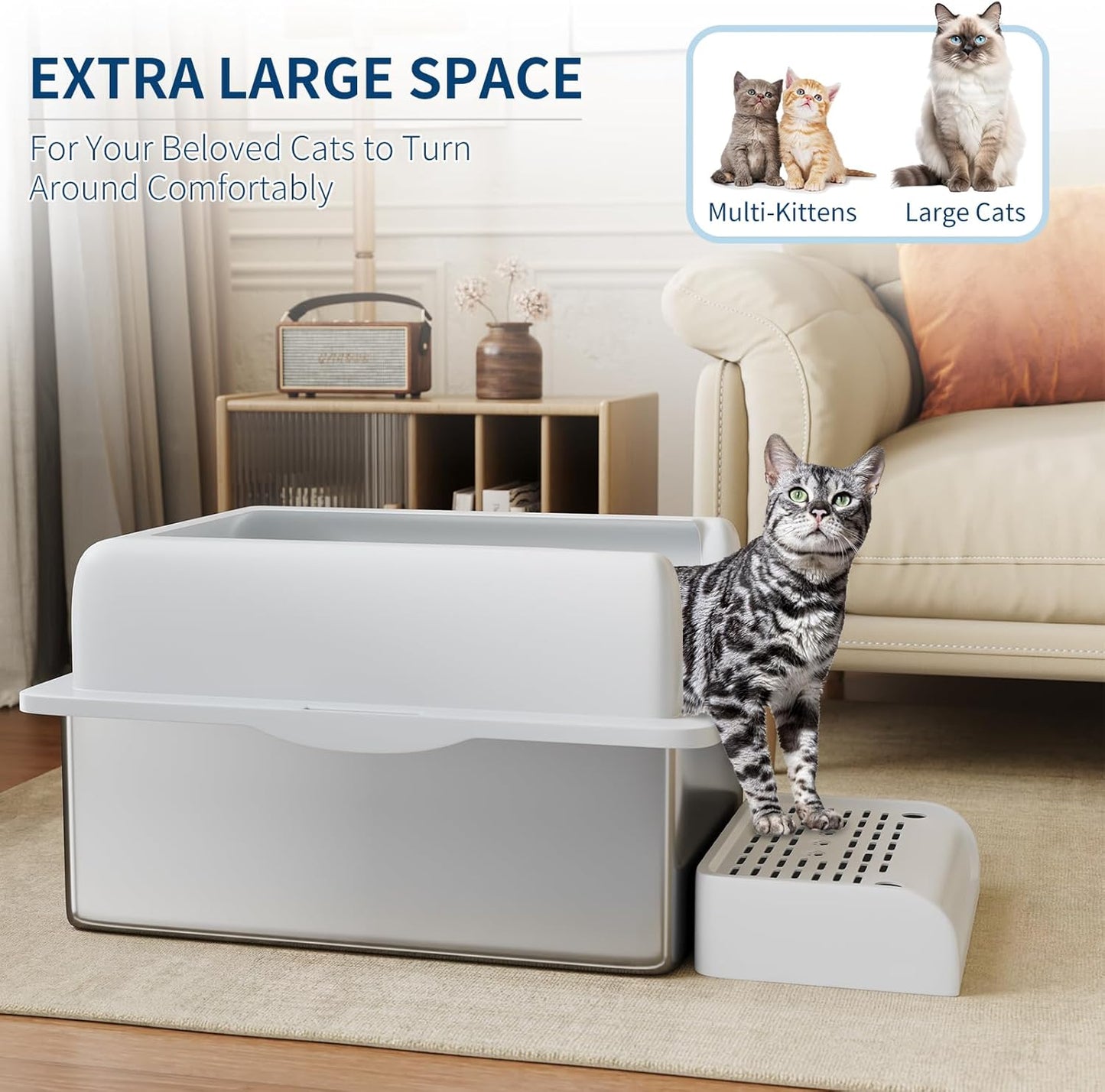 Stainless Steel Cat Litter Box 8 inch, XXL Large Cat Litter Tray with High Side, Platform Step and Scoop for Big Cats Multiple Cats, Easy Clean