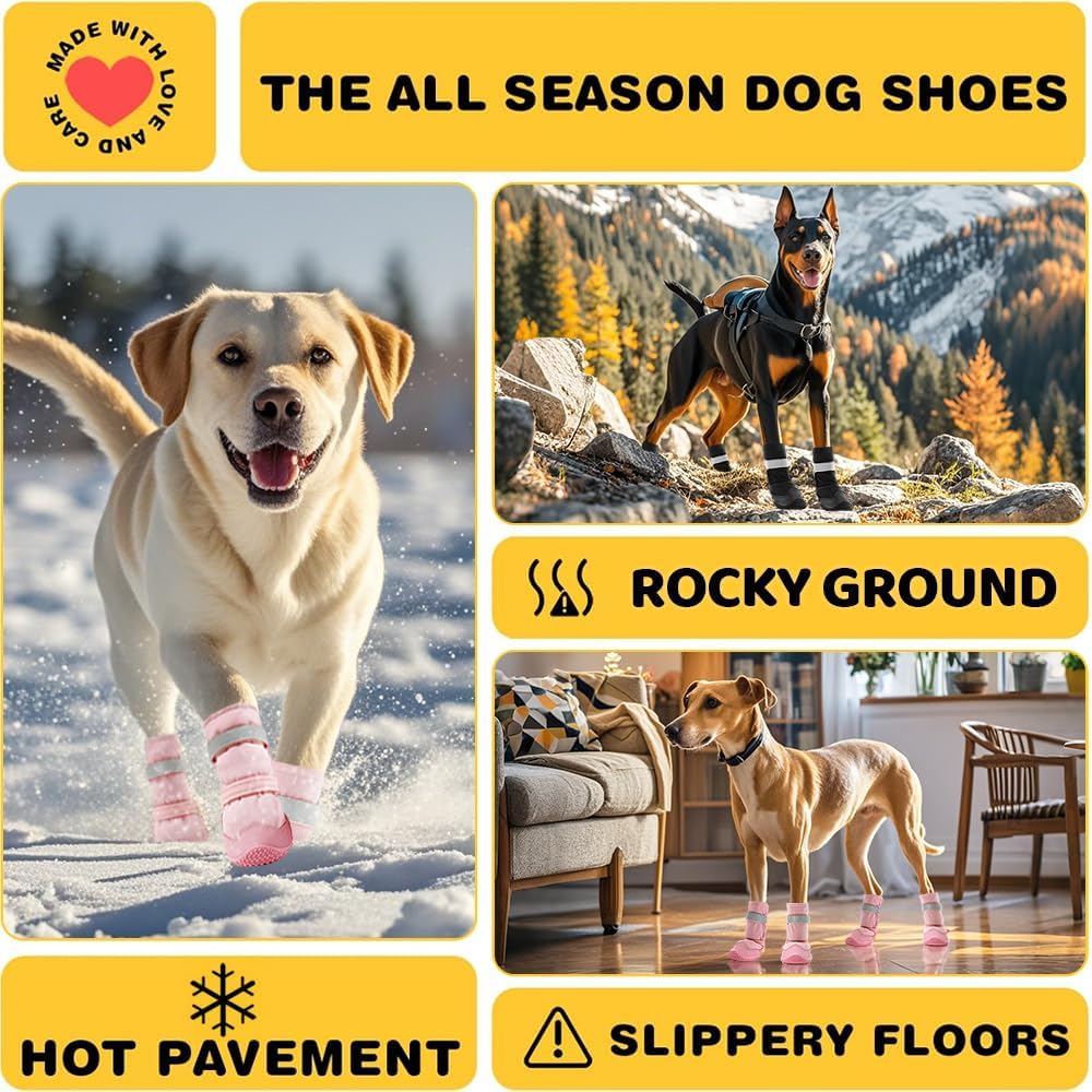 Hcpet Dog Shoes, Dog Boots & Paw Protectors for Winter Snowy Days, Rainy Weather, Outdoor Anti-Slip Sole Dog Booties for Hardwood Floor Pink-Leg 2