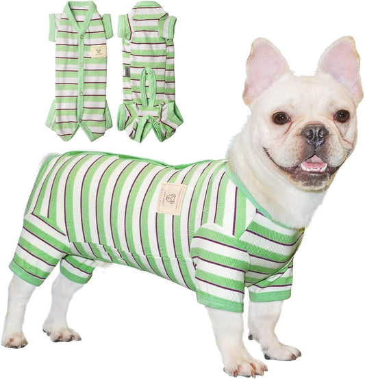 TONY HOBY Dog Pajamas, Male Dog Jumpsuit with Green Stripe, Dogs Clothes for Small Medium Size Dogs (Green&White, Boy, L)