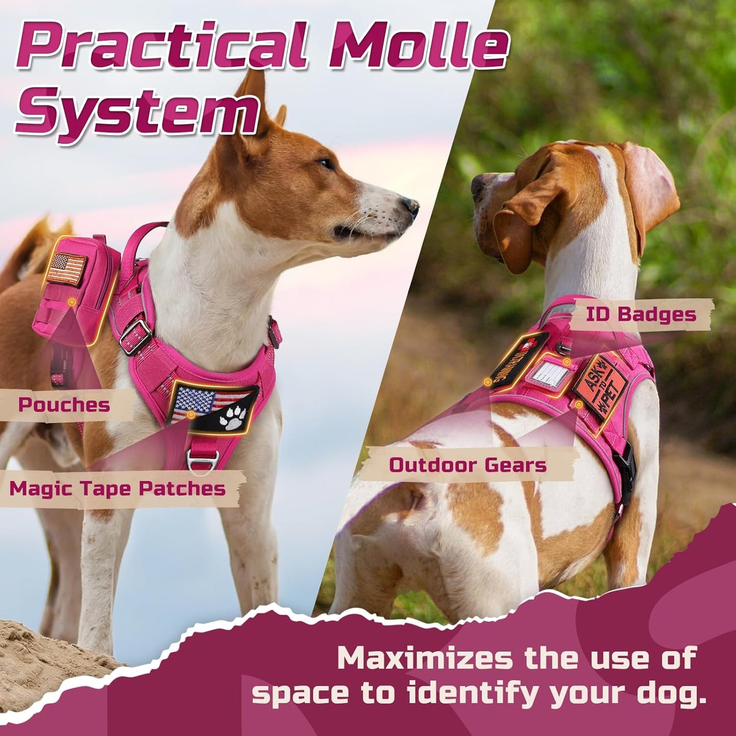 rabbitgoo Tactical Dog Harness for Large Dogs, No Pull Military Service Vest with Handle & Molle, Easy Control for Training Walking, Adjustable Reflective Straps, Rose Red, XL