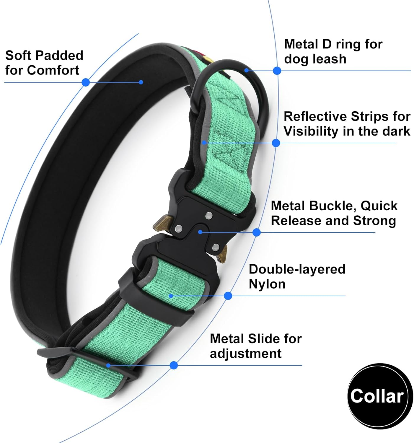 Plutus Pet Tactical Dog Collar, Reflective, Adjustable Heavy Duty Dog Collar, Soft Padded and Comfortable, for Small Medium and Large Dogs (Teal, XS)