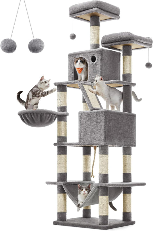 Feandrea Cat Tree, 81.1-Inch Large Cat Tower with 13 Scratching Posts, 2 Perches, 2 Caves, Basket, Hammock, Pompoms, Multi-Level Plush Cat Condo for Indoor Cats, Light Gray UPCT190W01