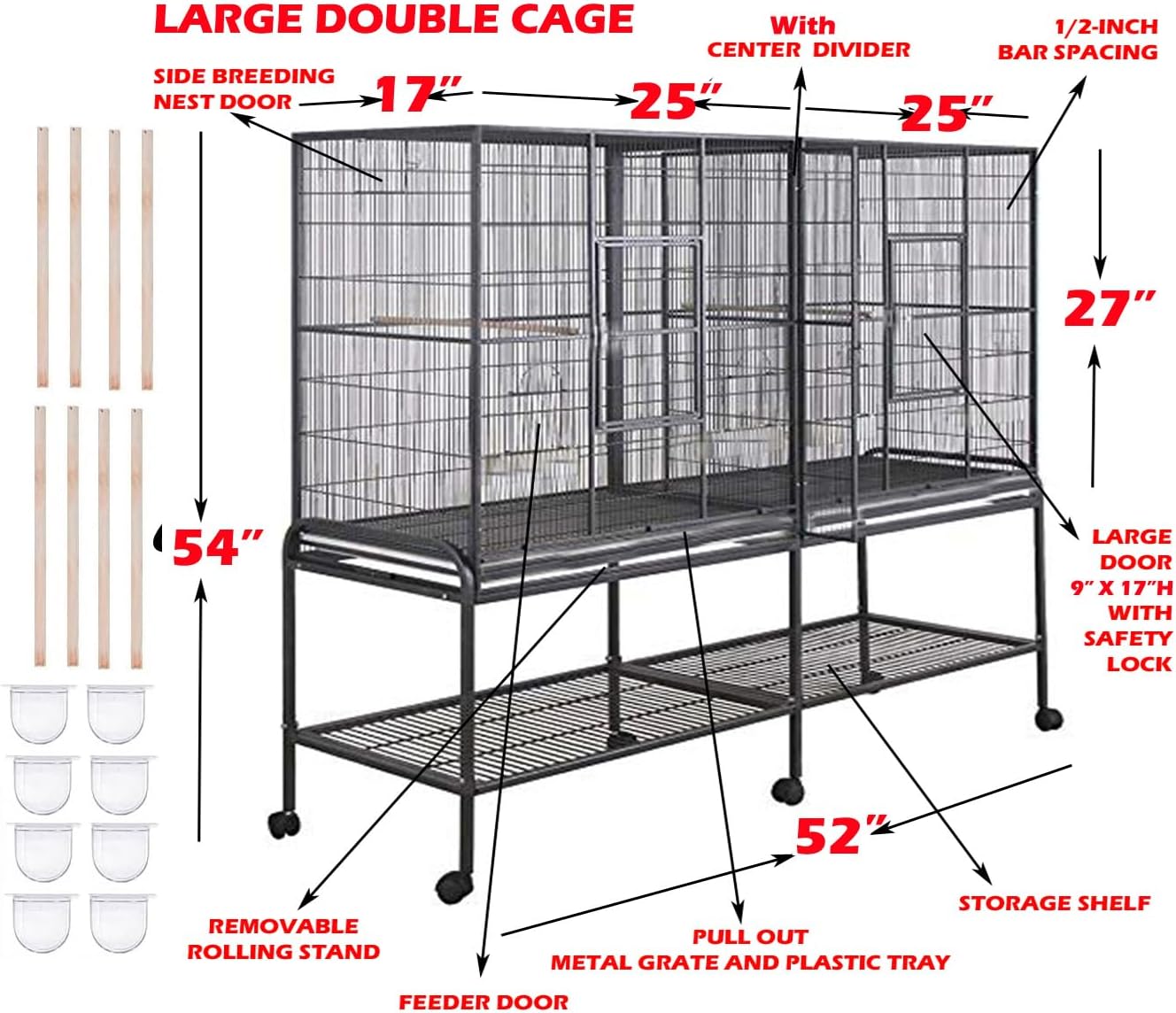 54" Large Double Birdhouse Breeder Bird Flight Cage with Center Divider Side Breeding Nest Doors Removable Rolling Stand (51" Length x 17" Depth x 54" Height, White Vein)