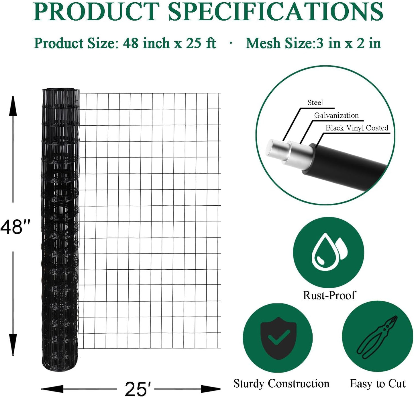 Black PVC Coated Welded Wire Fence 48 Inch x 25 Foot, 2 Inch x 3 Inch 16GA, Garden Border Fencing Roll Vinyl Coating Metal Wire Mesh for Yard Vegetable Plant Protection Poultry Netting