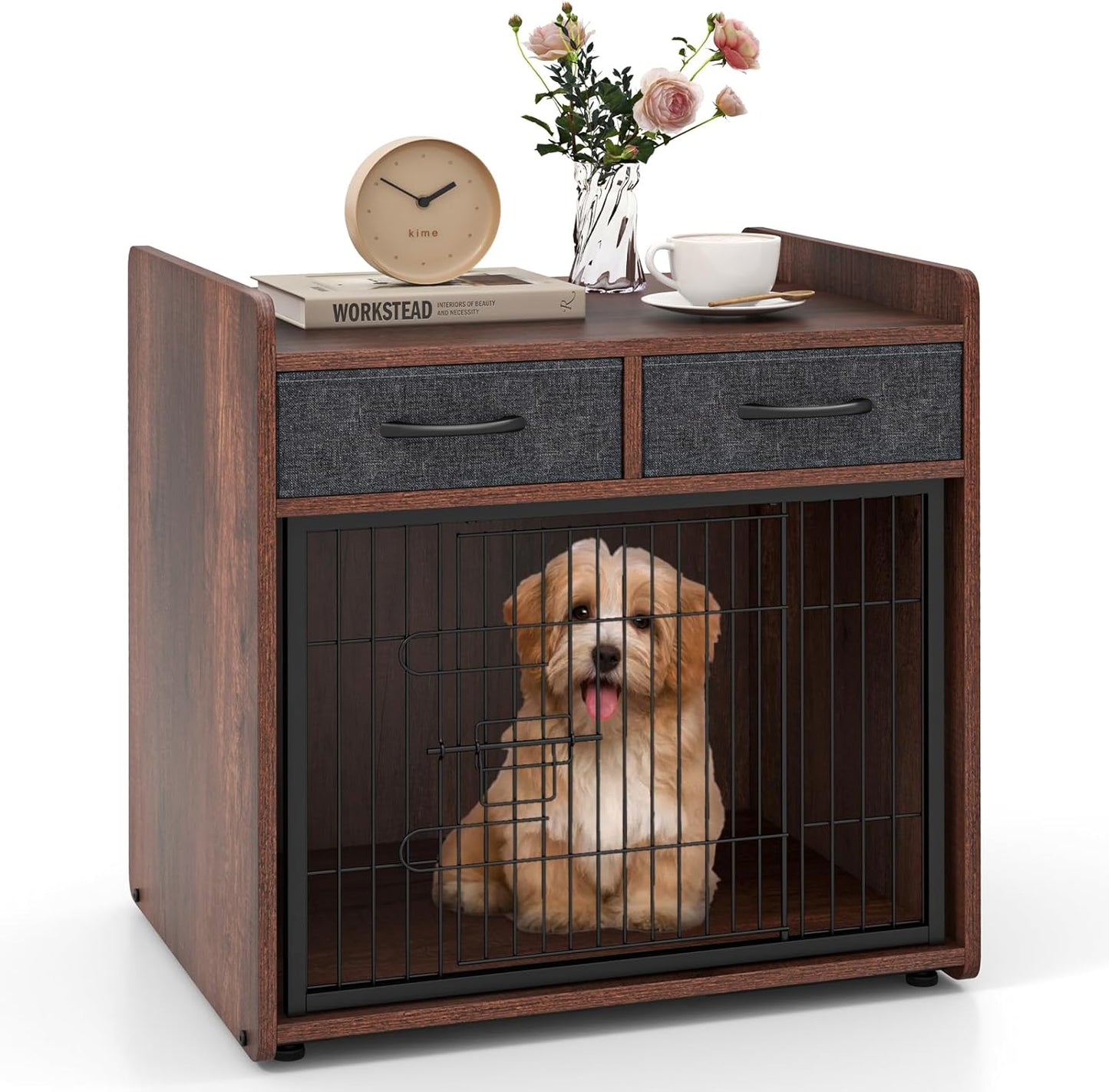 PETISITE Wooden Dog Crate with Lockable Door, Adjustable Foot Pads, 2 Fabric Drawers, Indoor Kennel Side Table for Small & Medium Dogs, 24.5 x 19.5 x 25 in