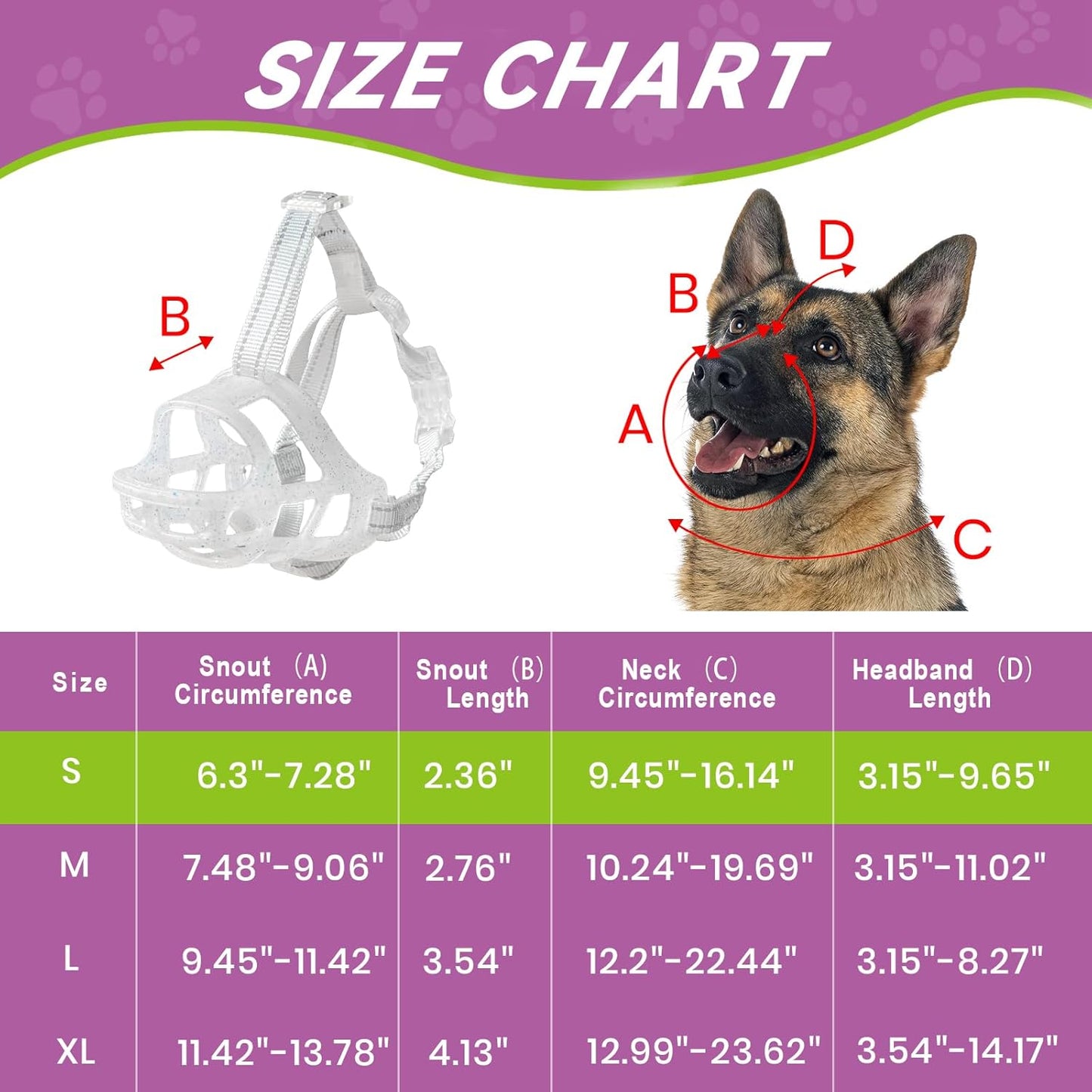 Glow-in-The-Dark Dog Muzzle, Basket Muzzle for Small Medium Large Dogs,Anti-Biting Chewing, Lightweight Cage Design,Allows Drinking & Panting,for Grooming & Training Size S