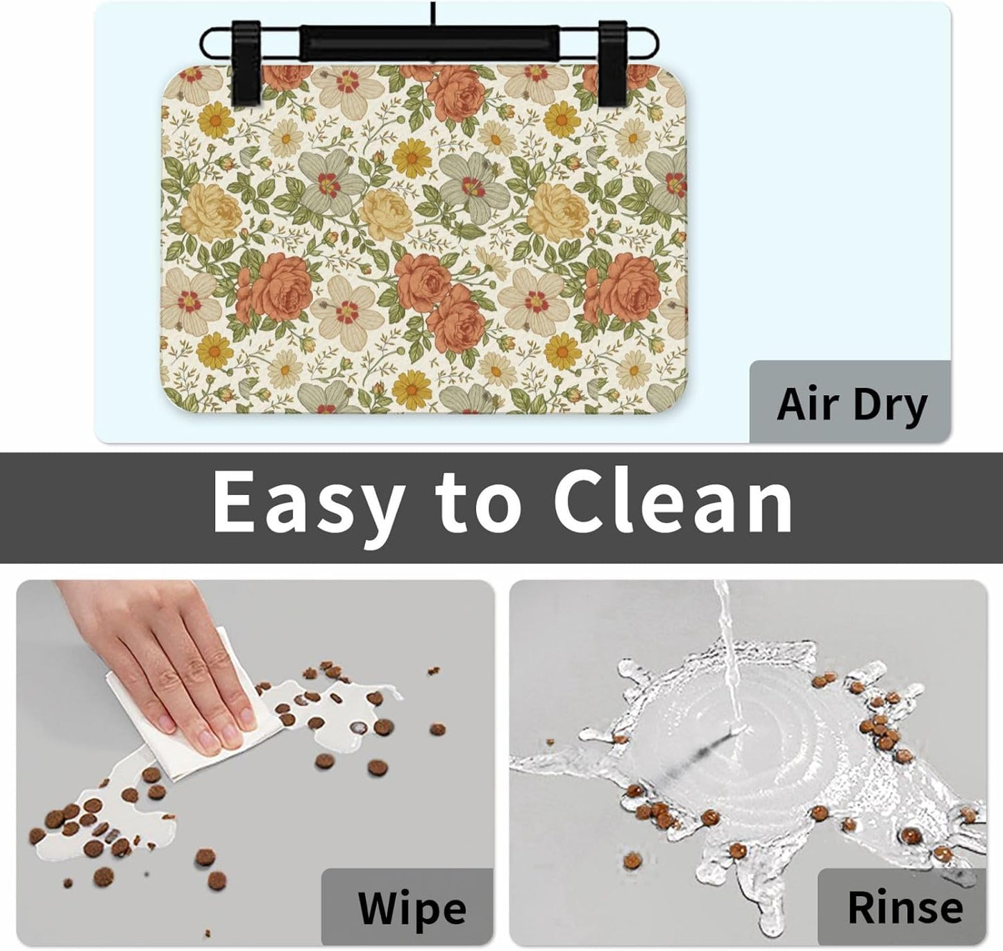 Delicate Floral Dog Food Mat Absorbent Bowl Mats No Stains Quick Dry Waterproof Pet Cat Placemats for Food and Water, 30x45cm