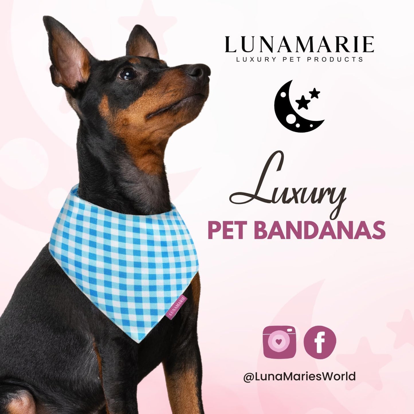 LunaMarie - Luxury Pet Birthday Bandanas -Premium & Silky Poly Fabric | 100% Handmade | Custom Shape Dual Layered (Blue Checkers, Medium)