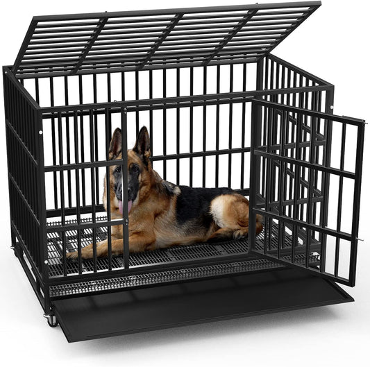 LEMBERI 42 inch Heavy Duty Indestructible Dog Crate, Escape Proof Dog Cage Kennel with Lockable Wheels,High Anxiety Double Door Dog Crate,Extra Large Crate Indoor for Large Dog with Removable Tray
