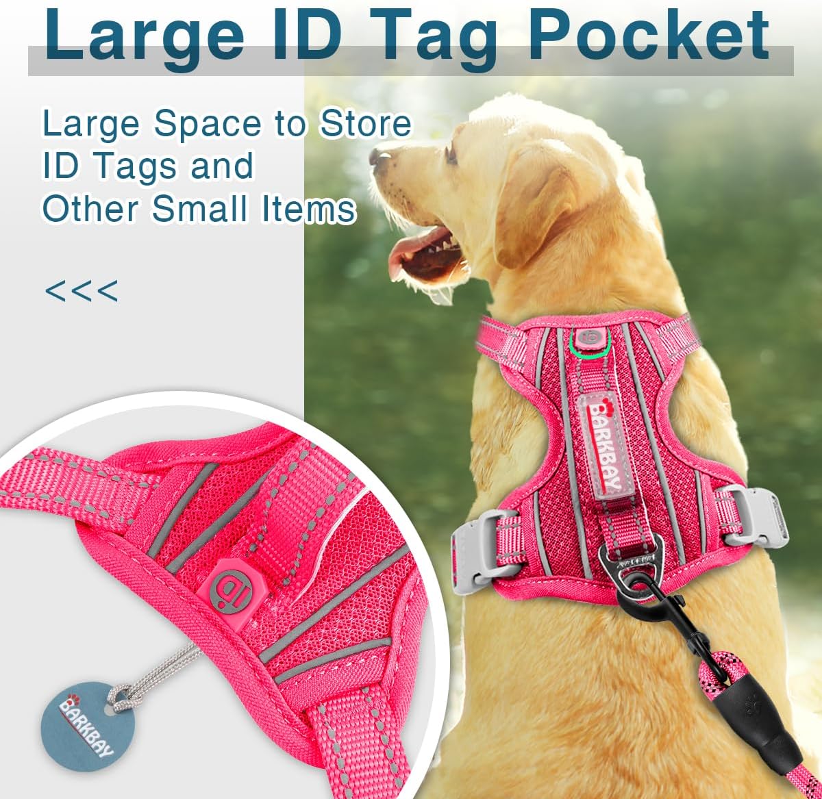 BARKBAY Dog Harness No Pull with ID Tag Pocket - Heavy Duty, Reflective, Easy Control for Large Dogs(Pink,XL)