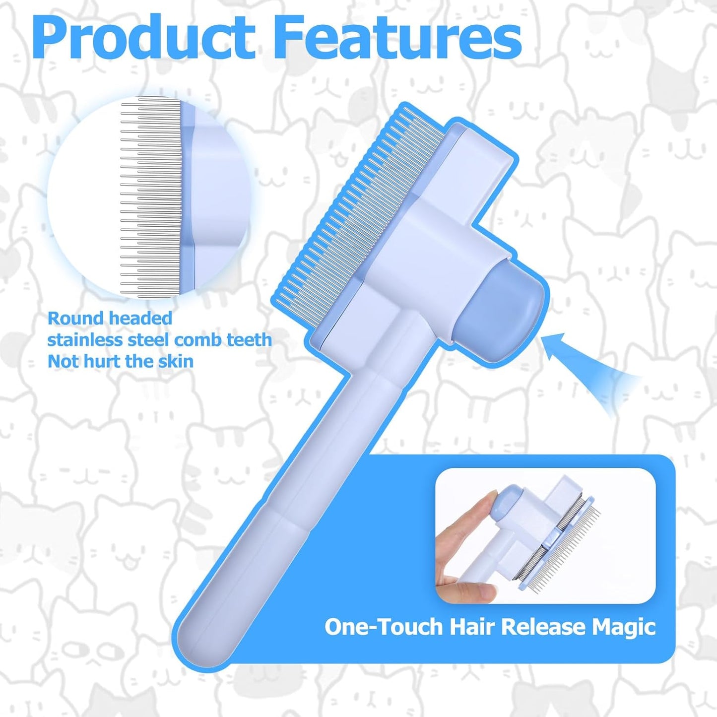 Zen Brush for Cats: Cat Flea Comb & Dematting Comb for Cats - Self-Cleaning Pet Hair Removal Tool with Long & Short Stainless Steel Teeth, Blue Pink