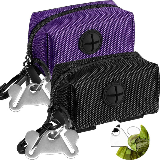 Dog Waste Bag Dispenser Pet Poop Bags Holder for Doggie Waste Bags Dispensers Soft Fabric Zipper Small Doggy Puppy Pouch for Leash Accessory Attachment with Carrier,2PCS Purple&Black