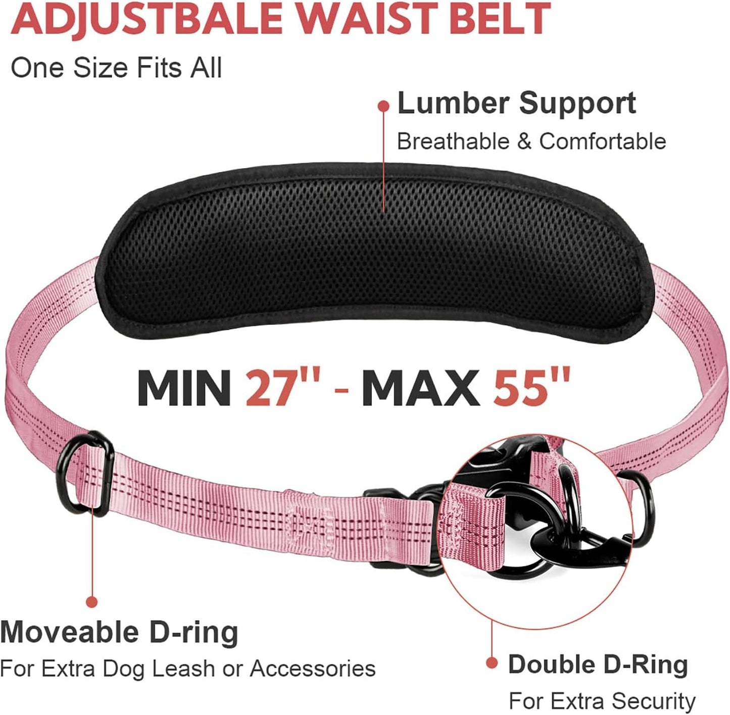 Hands Free Dog Leash, Adjustable Waist Belt with Double Padded Handles, Retractable Bungee for Medium & Large Dogs, Waist Leash for Dog Walking, Running, No Pull, Pink