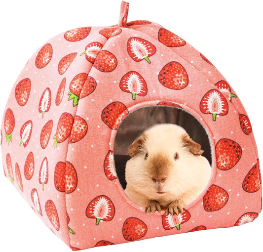 JSPYFITS Guinea Pig Hideout Bed Rabbit House Cave Accessories Cozy Hide-Out Guinea Pig Bed Washable Cage for Small Pet Hamster Ferret Rabbit Bunny Pink Strawberry