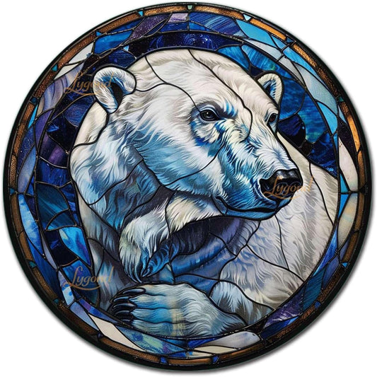 Lygond Metal Sign Tin Sign Circular Stained Glass Polar Bear2 Funny Sign For Garage 8×8 Inches