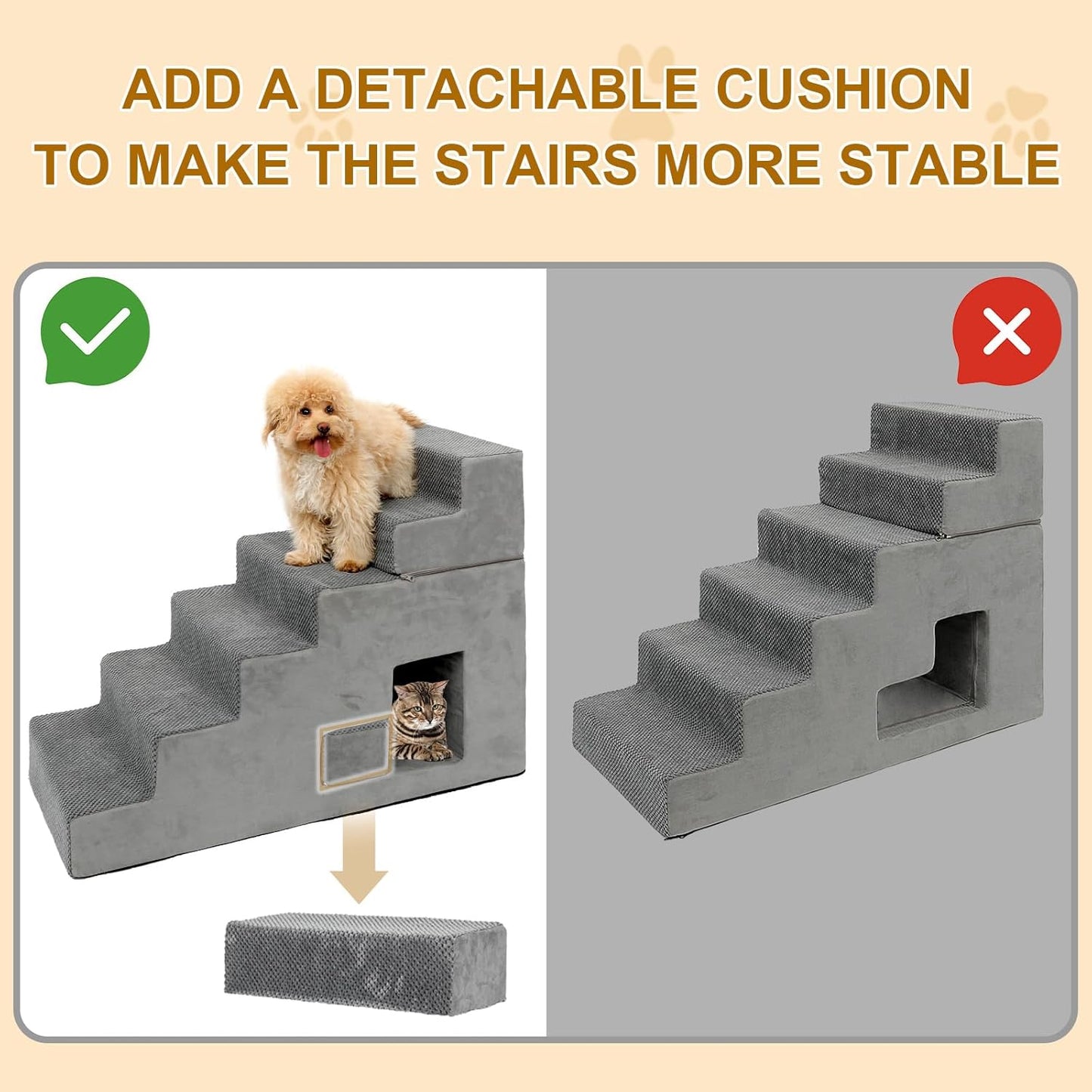 Dog Stairs for Small Dogs 27”H, 6-Step Dog Steps for High Bed, High-Density Foam Pet Stairs with Non-Slip Removable Washable Cover to Get on Bed(Grey)