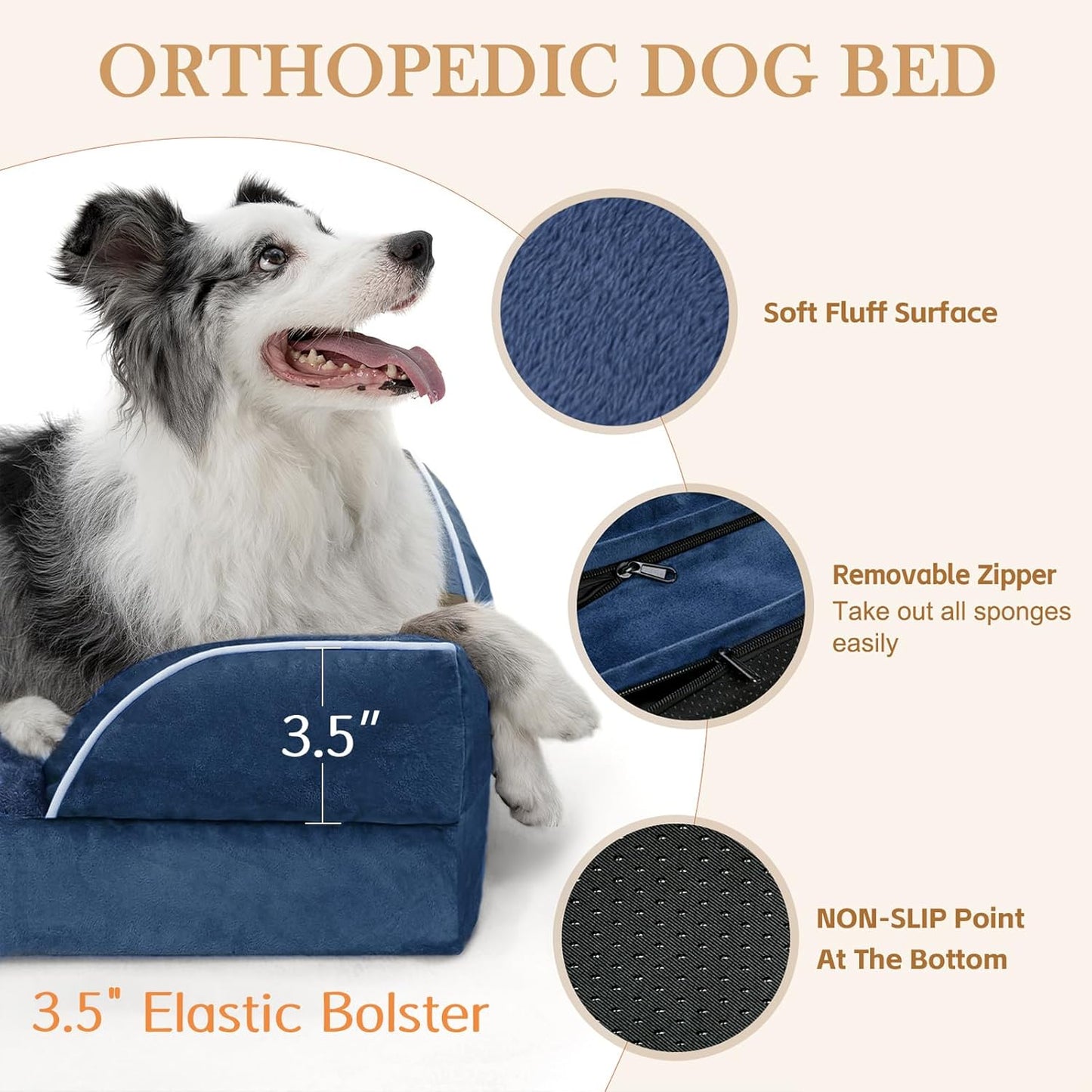 Comfort Expression Small Dog Beds Waterproof Orthopedic Foam Dog Sofa Beds for Small Dogs Comfy Pet Bed with Washable Removable Cover & Non-Slip Bottom(X-Small,Navy Blue)