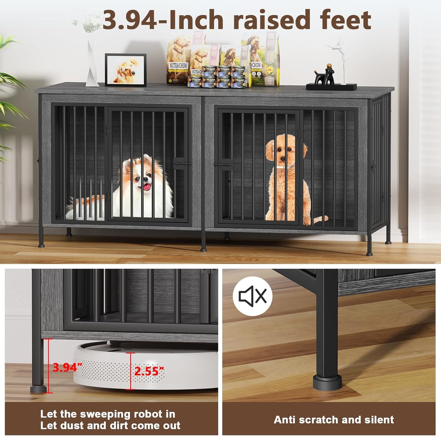 EasyCom 63" Dog Cage Furniture for 2 Pets with Divider, XL Wooden Double Dog Crate Furniture TV Stand for Mideum Breed, Durable and Sturdy