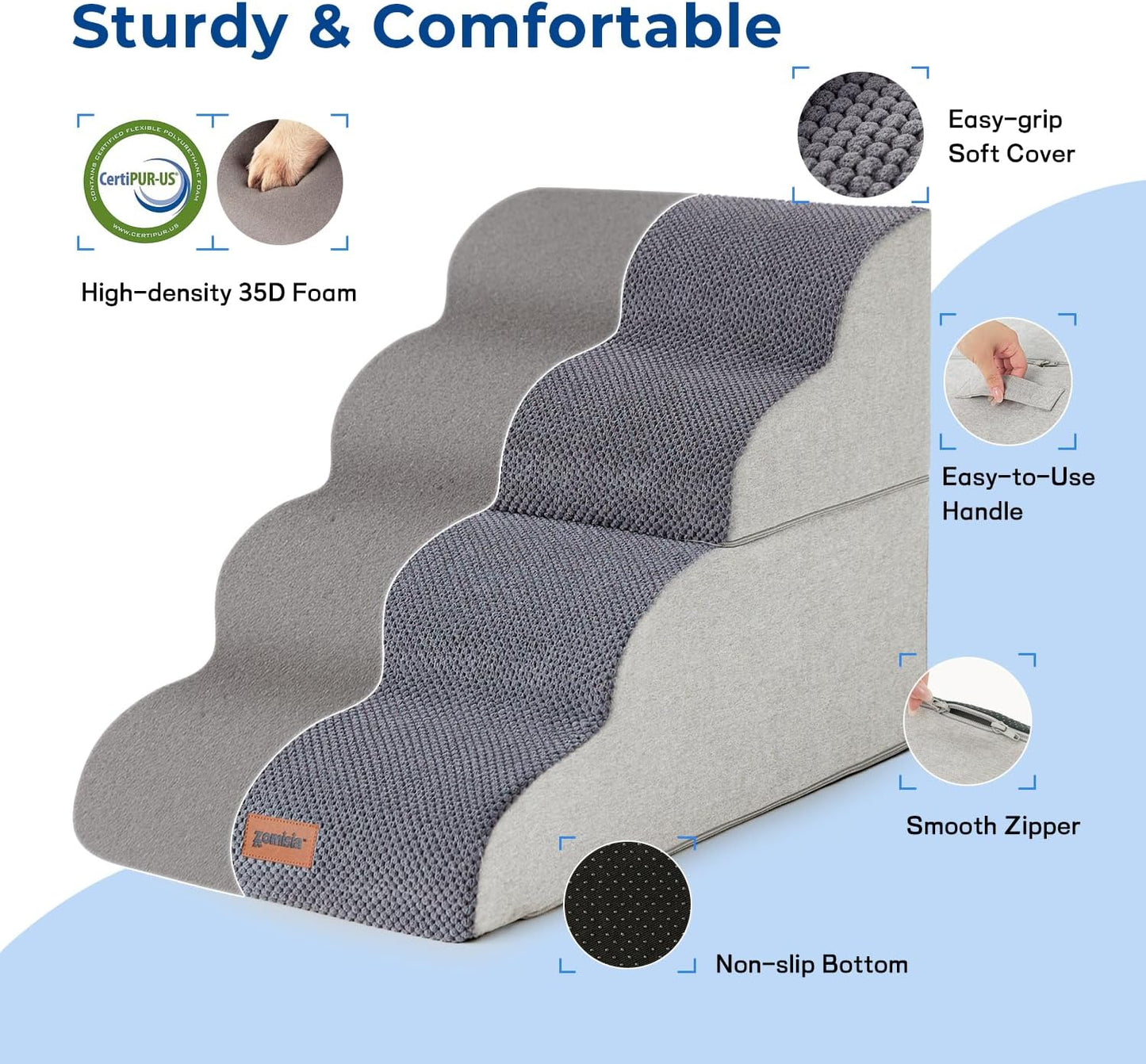 Dog Stairs Ramp for Bed 19.7" H - Pet Stairs for Small to Medium Dogs to Get on Bed and Couch, 35D Foam Dog Steps with Non-Slip Bottom Grey, 4 Steps
